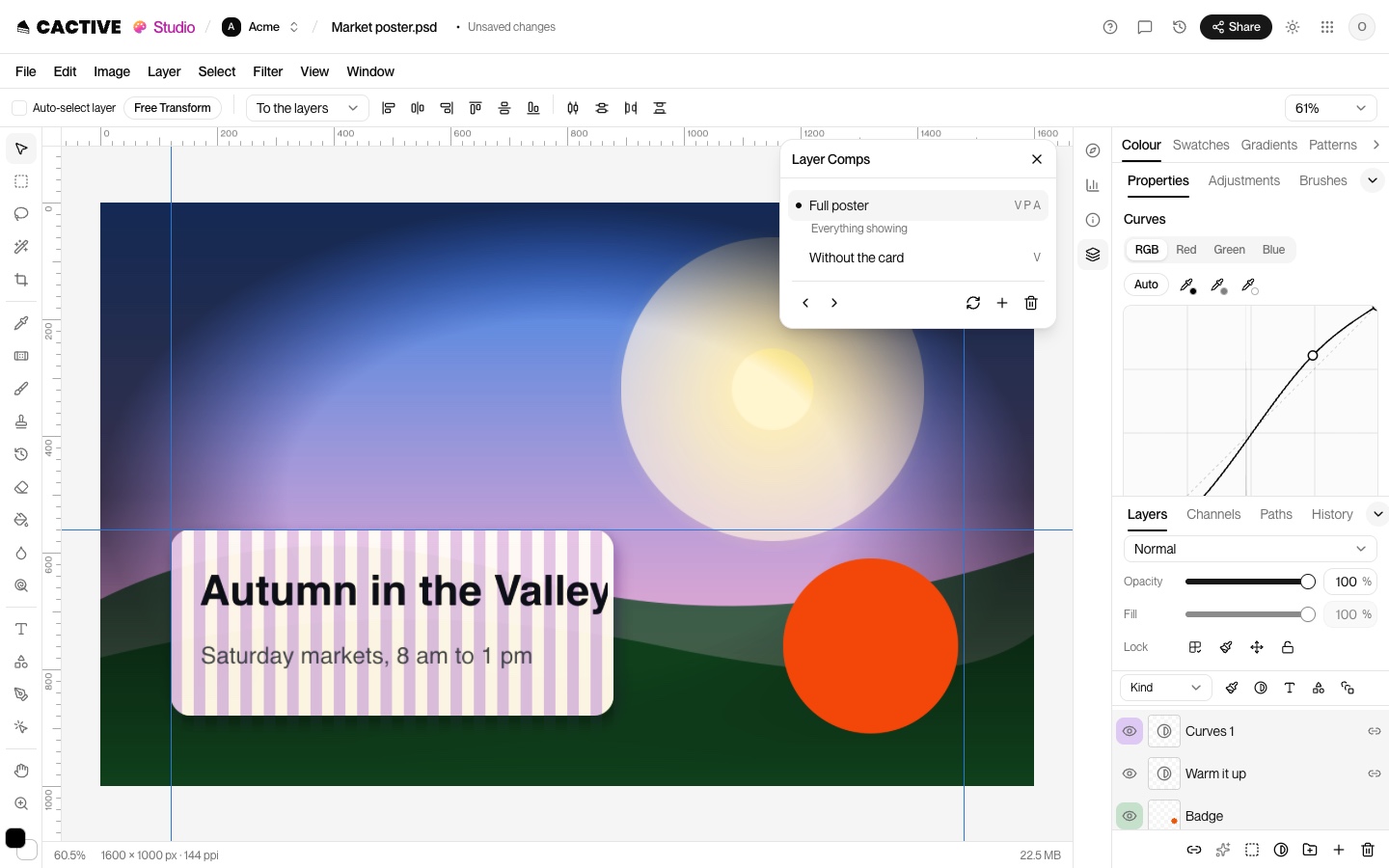 Studio editing a layered poster, with Layer Comps, Curves and the Layers panel