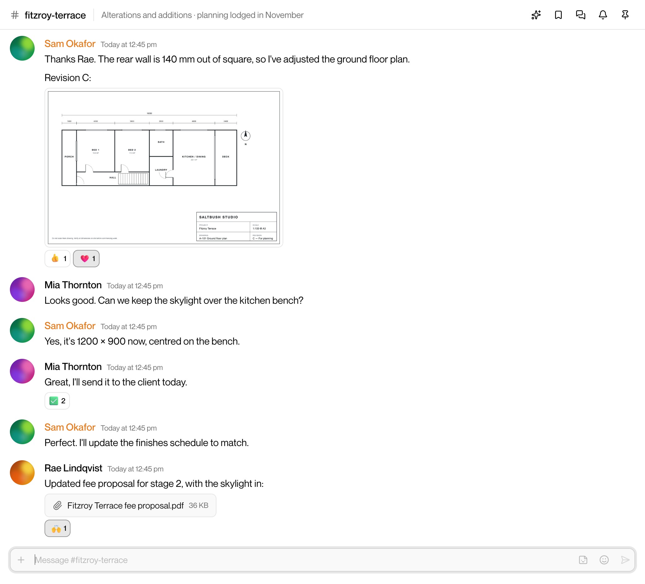 A Mirage channel: the studio talking through a project, with a drawing and reactions